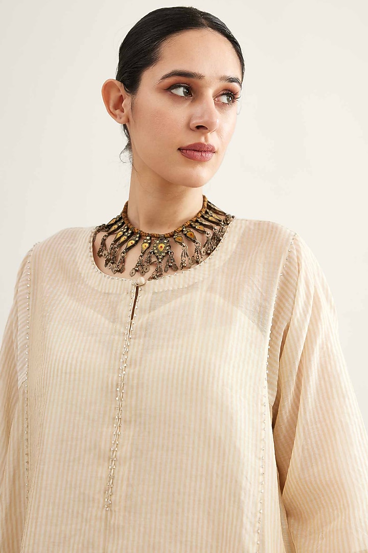 Beige & Silver Chanderi Stripe Kalidar Kurta Set by Sihali Jageer at Pernia's Pop Up Shop