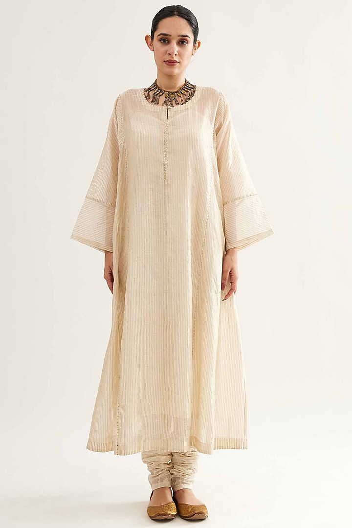 Beige & Silver Chanderi Stripe Kalidar Kurta Set by Sihali Jageer at Pernia's Pop Up Shop