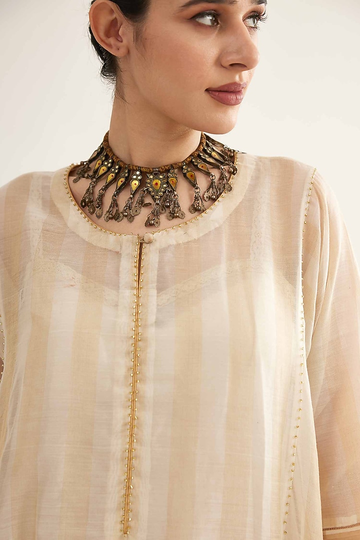 Beige & Off-White Maheshwari Kalidar Kurta Set by Sihali Jageer at Pernia's Pop Up Shop
