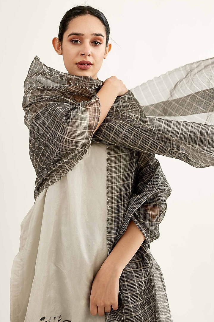 Silver Chanderi Tissue Painted & Embroidered Kurta Set by Sihali Jageer at Pernia's Pop Up Shop