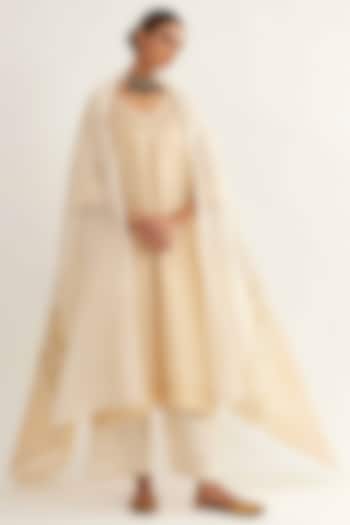 Gold & Off-White Maheshwari Stripe Kurta Set by Sihali Jageer at Pernia's Pop Up Shop