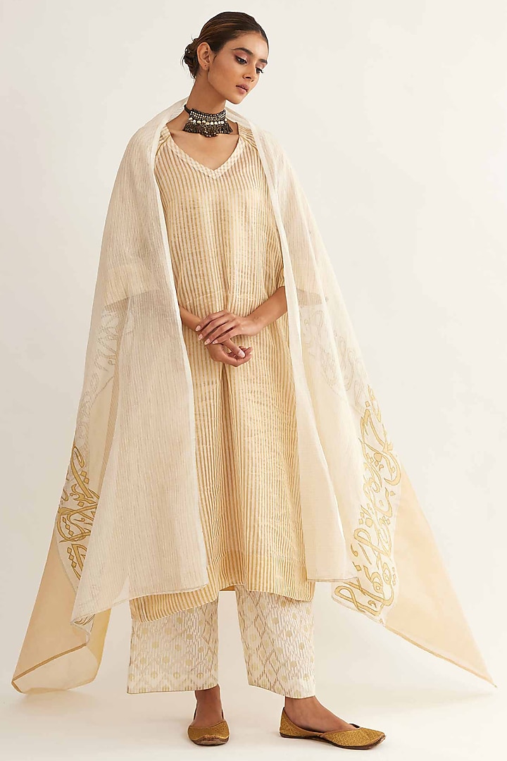 Gold & Off-White Maheshwari Stripe Kurta Set by Sihali Jageer at Pernia's Pop Up Shop