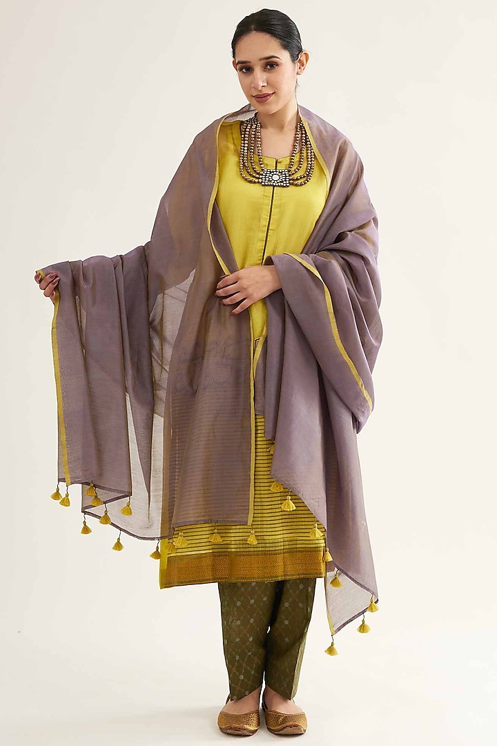 Yellow & Mehendi Green Maheshwari Stripe Embroidered Kurta Set by Sihali Jageer at Pernia's Pop Up Shop