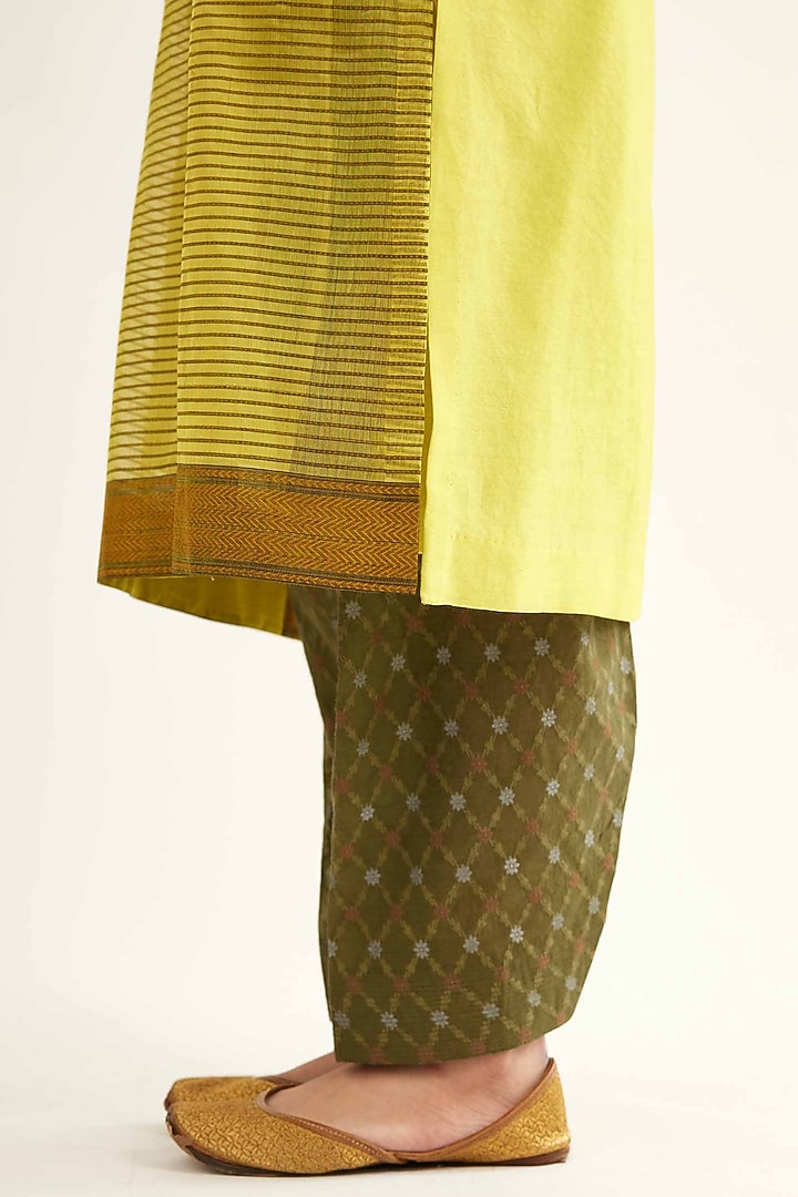 Yellow & Mehendi Green Maheshwari Stripe Embroidered Kurta Set by Sihali Jageer at Pernia's Pop Up Shop