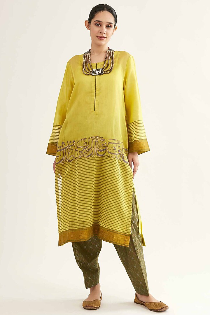 Yellow & Mehendi Green Maheshwari Stripe Embroidered Kurta Set by Sihali Jageer at Pernia's Pop Up Shop