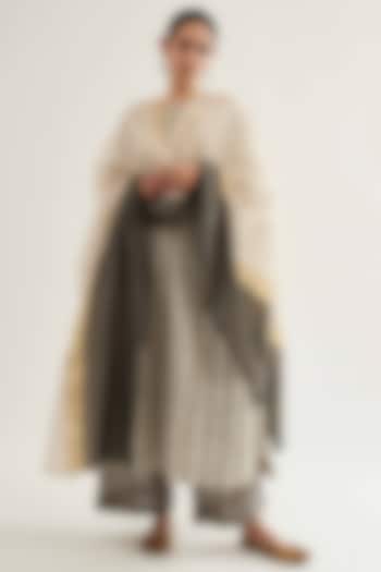 Grey & Off-White Maheshwari Stripe Kalidar Kurta Set by Sihali Jageer at Pernia's Pop Up Shop