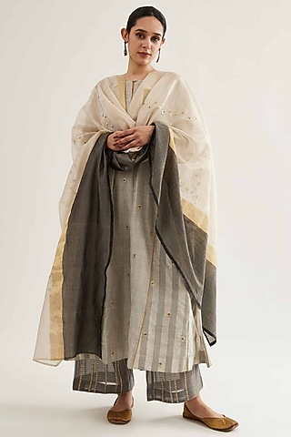 Grey & Off-White Maheshwari Stripe Kalidar Kurta Set by Sihali Jageer