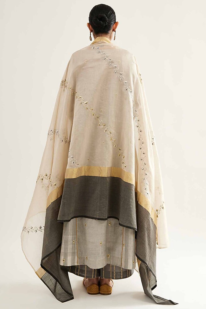 Grey & Off-White Maheshwari Stripe Kalidar Kurta Set by Sihali Jageer at Pernia's Pop Up Shop