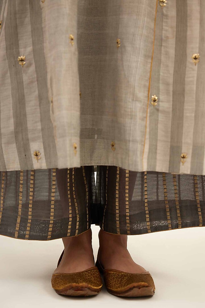 Grey & Off-White Maheshwari Stripe Kalidar Kurta Set by Sihali Jageer at Pernia's Pop Up Shop