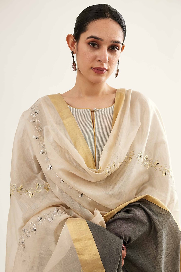 Grey & Off-White Maheshwari Stripe Kalidar Kurta Set by Sihali Jageer at Pernia's Pop Up Shop