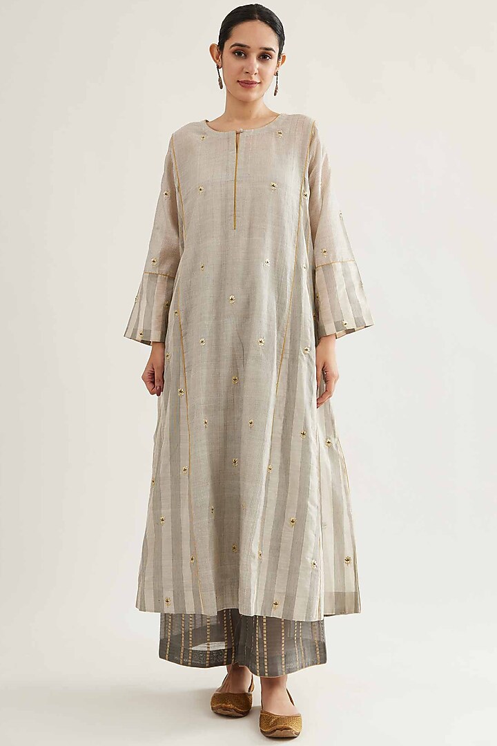 Grey & Off-White Maheshwari Stripe Kalidar Kurta Set by Sihali Jageer at Pernia's Pop Up Shop