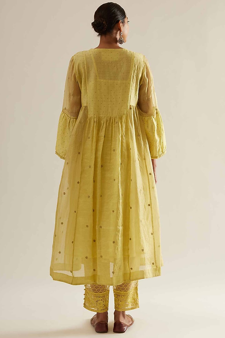 Yellow Kota Silk & Chanderi Tissue Embroidered Kurta Set by Sihali Jageer at Pernia's Pop Up Shop