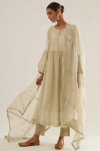 Pista Green Kota Silk & Chanderi Tissue Embroidered Kurta Set by Sihali Jageer