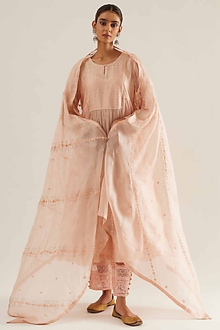 Pink Kota Silk & Chanderi Tissue Embroidered Kurta Set by Sihali Jageer