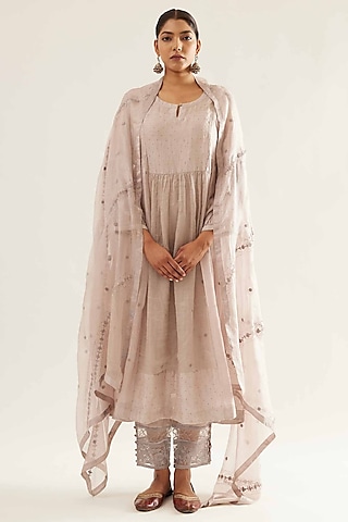 Pink Kota Silk & Chanderi Tissue Embroidered Kurta Set by Sihali Jageer