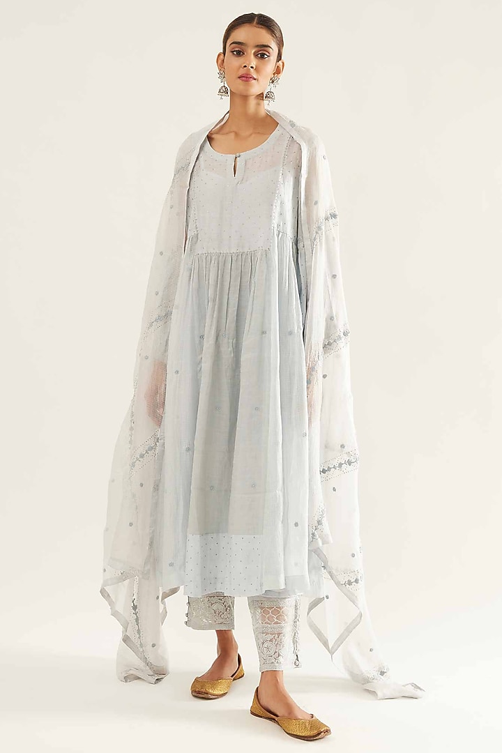 Blue Kota Silk & Chanderi Tissue Embroidered Kurta Set by Sihali Jageer at Pernia's Pop Up Shop