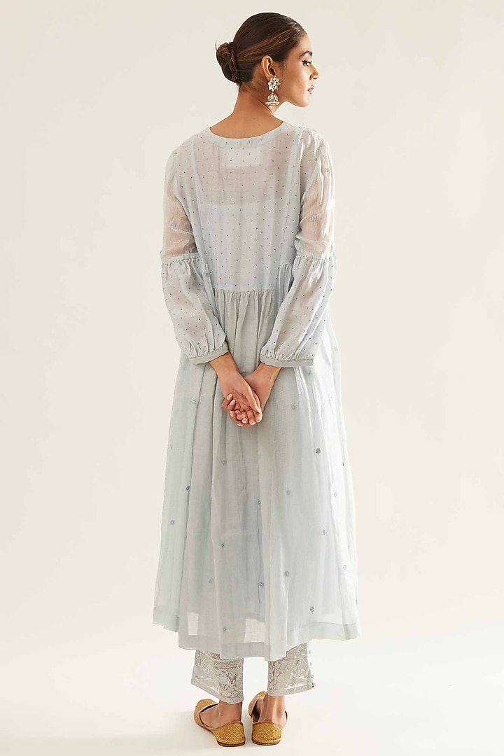Blue Kota Silk & Chanderi Tissue Embroidered Kurta Set by Sihali Jageer at Pernia's Pop Up Shop