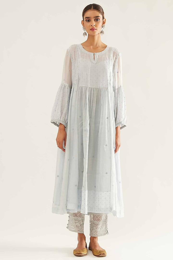 Blue Kota Silk & Chanderi Tissue Embroidered Kurta Set by Sihali Jageer at Pernia's Pop Up Shop