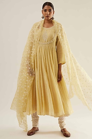 Lemon Chanderi Chikankari Embroidered Anarkali Set by Sihali Jageer