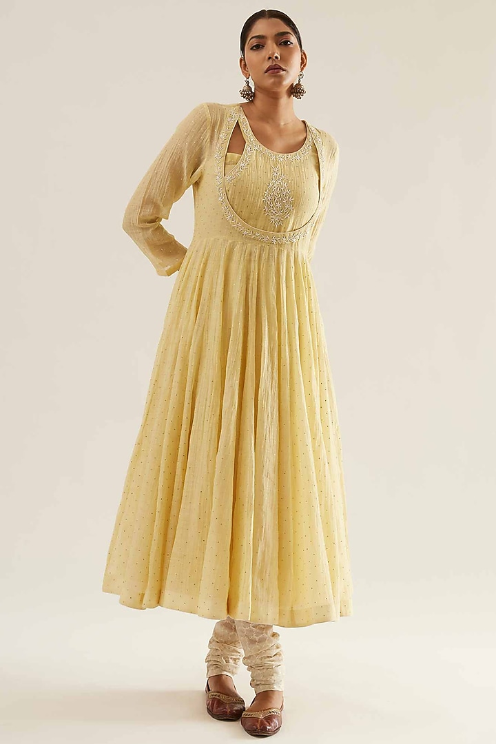Lemon Chanderi Chikankari Embroidered Wedding Anarkali Set by Sihali Jageer at Pernia's Pop Up Shop