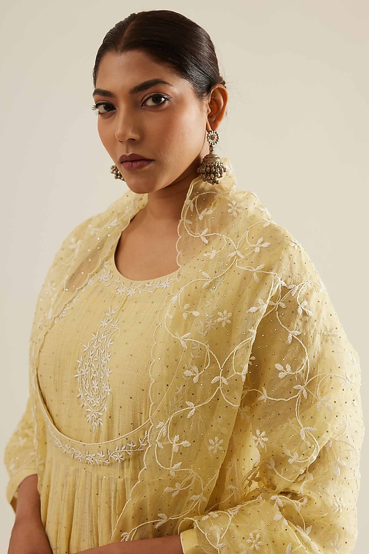 Lemon Chanderi Chikankari Embroidered Wedding Anarkali Set by Sihali Jageer at Pernia's Pop Up Shop