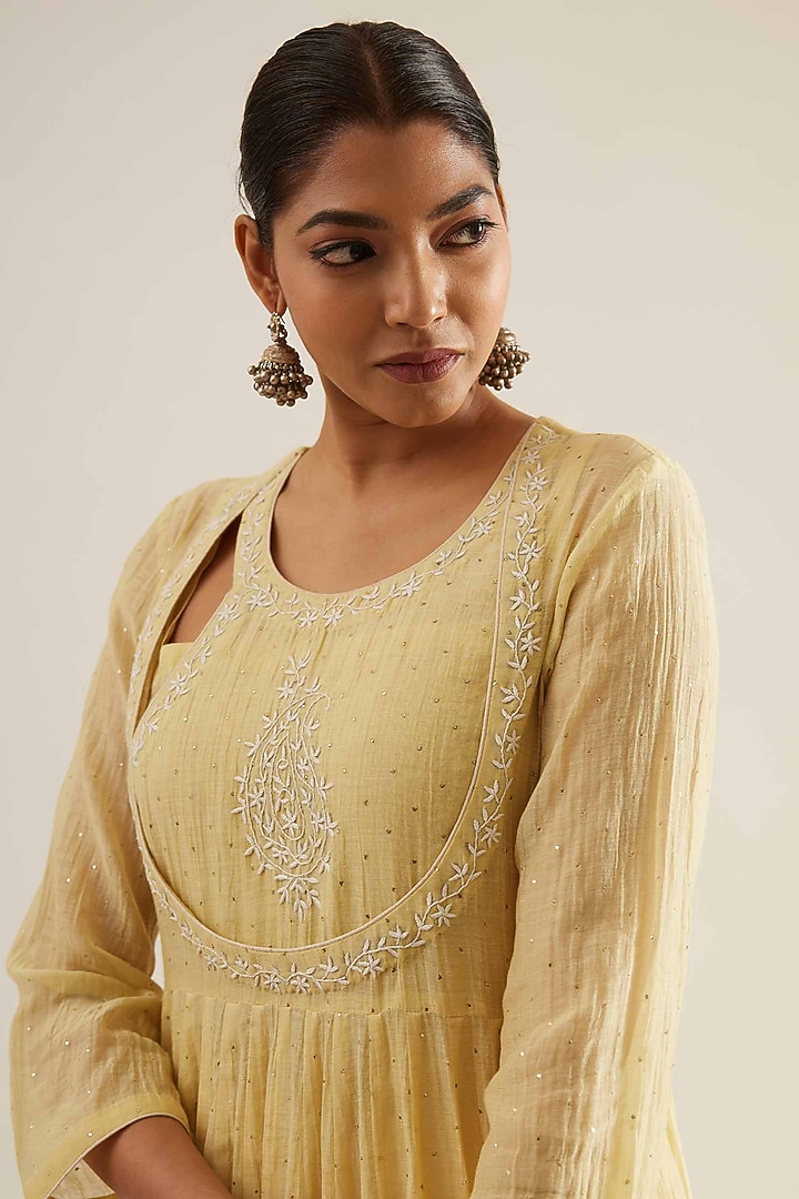 Lemon Chanderi Chikankari Embroidered Wedding Anarkali Set by Sihali Jageer at Pernia's Pop Up Shop