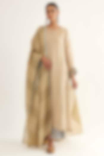 Beige Linen Embroidered Kalidar Kurta Set by Sihali Jageer at Pernia's Pop Up Shop