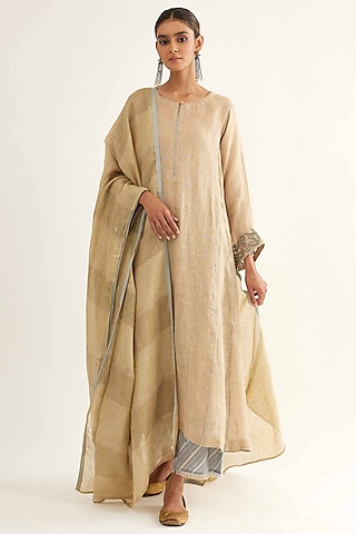 Beige Linen Embroidered Kalidar Kurta Set by Sihali Jageer