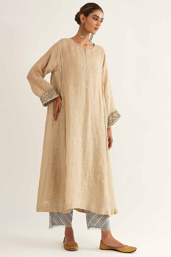 Beige Linen Embroidered Kalidar Kurta Set by Sihali Jageer at Pernia's Pop Up Shop