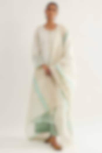 Off-White & Ferozi Maheshwari Stripe Zari Embroidered Kurta Set by Sihali Jageer at Pernia's Pop Up Shop