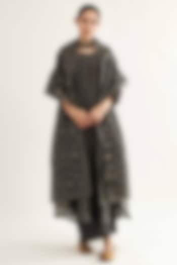 Black Maheshwari Stripe Kalidar Kurta Set by Sihali Jageer at Pernia's Pop Up Shop