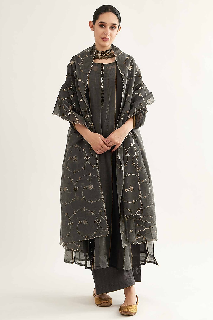 Black Maheshwari Stripe Kalidar Kurta Set by Sihali Jageer at Pernia's Pop Up Shop