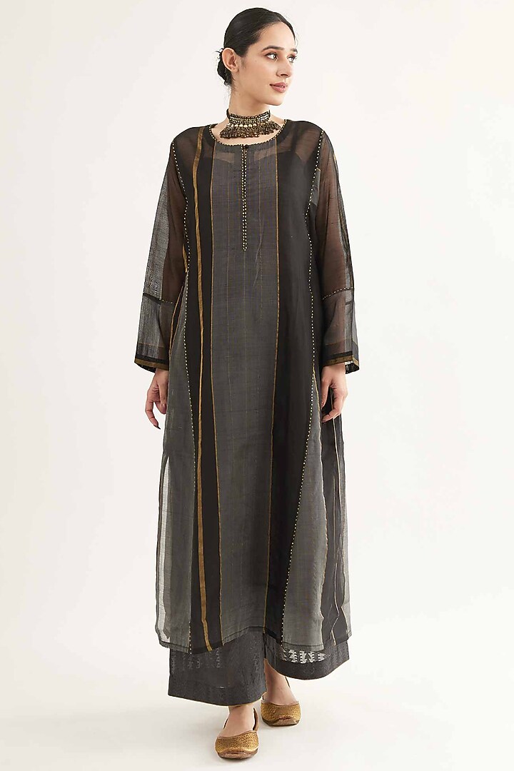 Black Maheshwari Stripe Kalidar Kurta Set by Sihali Jageer at Pernia's Pop Up Shop
