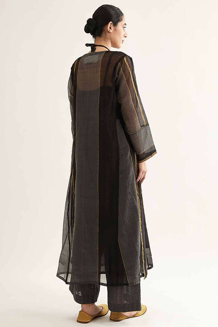 Black Maheshwari Stripe Kalidar Kurta Set by Sihali Jageer at Pernia's Pop Up Shop