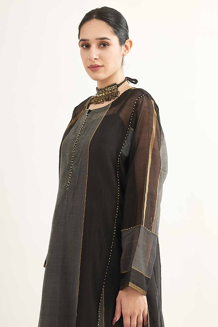 Black Maheshwari Stripe Kalidar Kurta Set by Sihali Jageer at Pernia's Pop Up Shop
