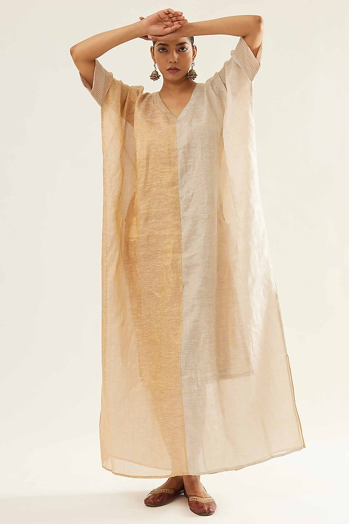 Gold & Silver Tissue Linen Kaftan by Sihali Jageer at Pernia's Pop Up Shop