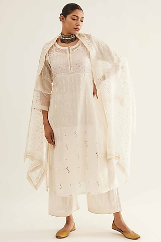 White Chanderi Cutwork Embroidered Kurta Set by Sihali Jageer