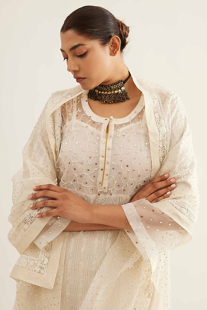 White Chanderi Cutwork Embroidered Kurta Set by Sihali Jageer at Pernia's Pop Up Shop