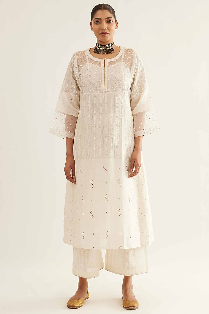 White Chanderi Cutwork Embroidered Kurta Set by Sihali Jageer at Pernia's Pop Up Shop