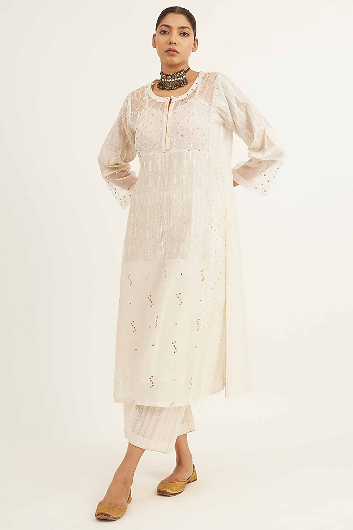 White Chanderi Cutwork Embroidered Kurta Set by Sihali Jageer at Pernia's Pop Up Shop