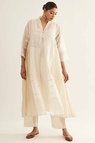 White Chanderi Tissue Cutwork Embroidered Kurta Set by Sihali Jageer