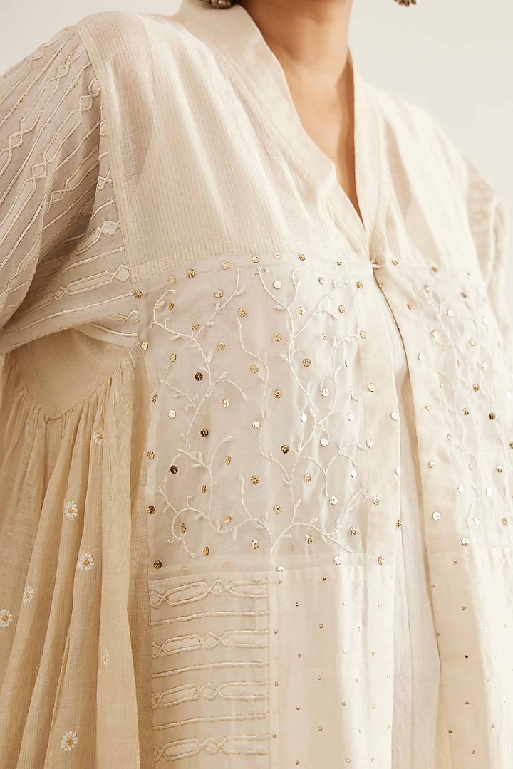 White Chanderi Tissue Cutwork Embroidered Kurta Set by Sihali Jageer at Pernia's Pop Up Shop