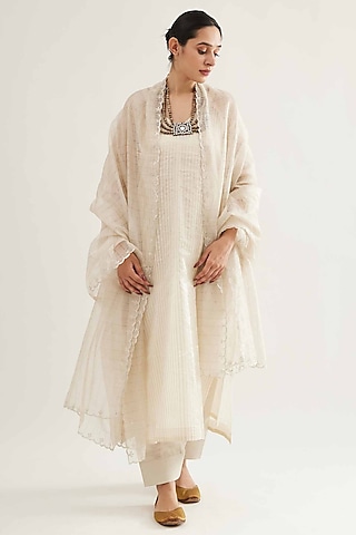 White Maheshwari Stripe Kurta Set by Sihali Jageer