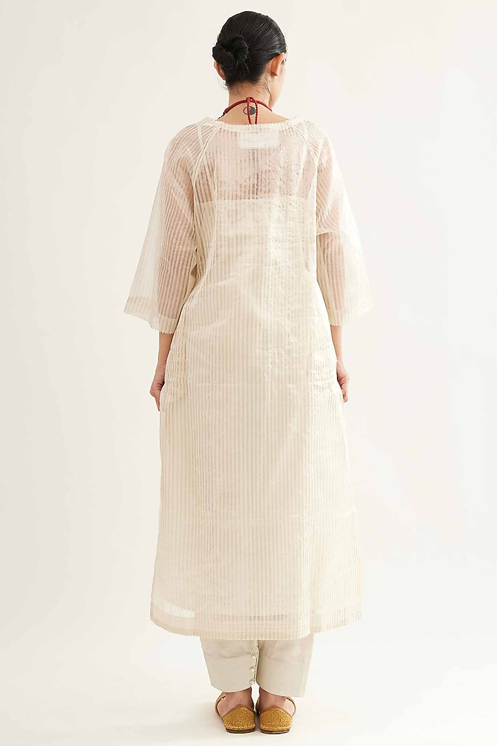 White Maheshwari Stripe Kurta Set by Sihali Jageer at Pernia's Pop Up Shop