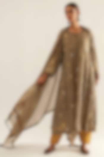 Charcoal Grey Chanderi Embroidered Kalidar Kurta Set by Sihali Jageer at Pernia's Pop Up Shop