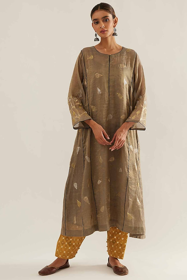 Charcoal Grey Chanderi Embroidered Kalidar Kurta Set by Sihali Jageer at Pernia's Pop Up Shop