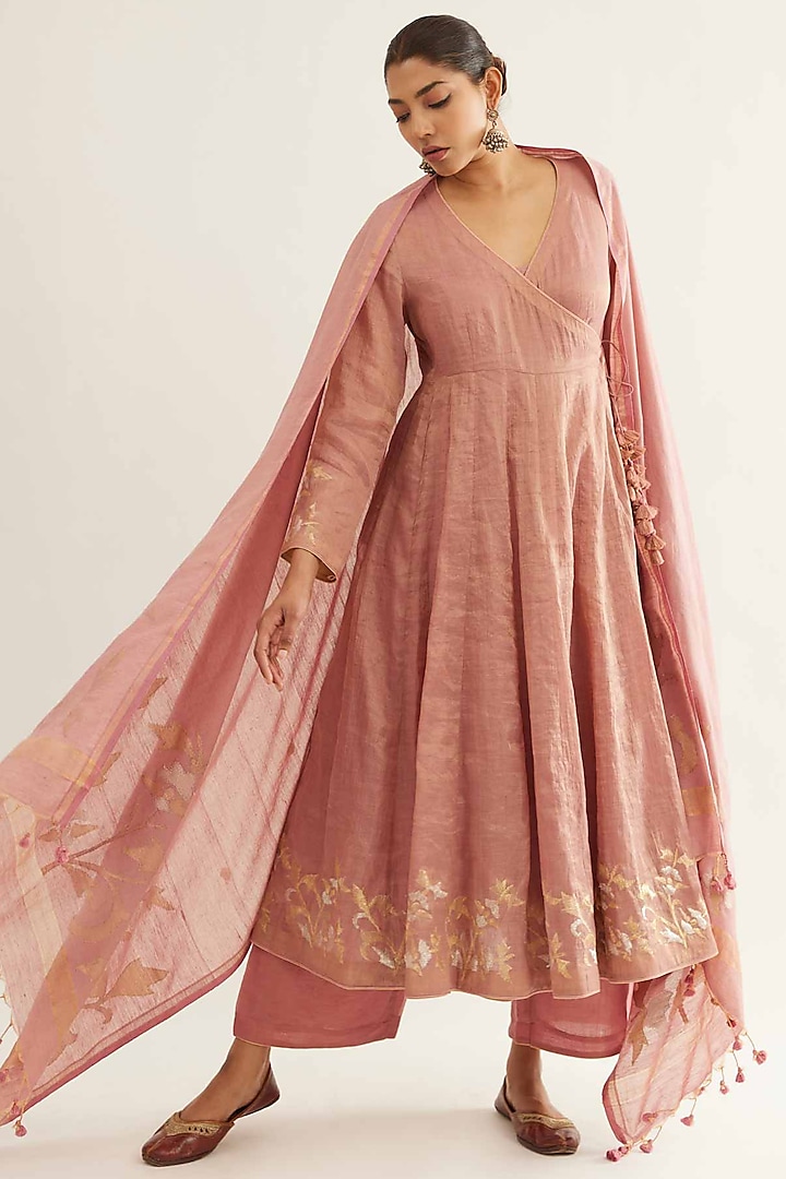 Pink Tissue Motif Embroidered Angrakha Set by Sihali Jageer at Pernia's Pop Up Shop
