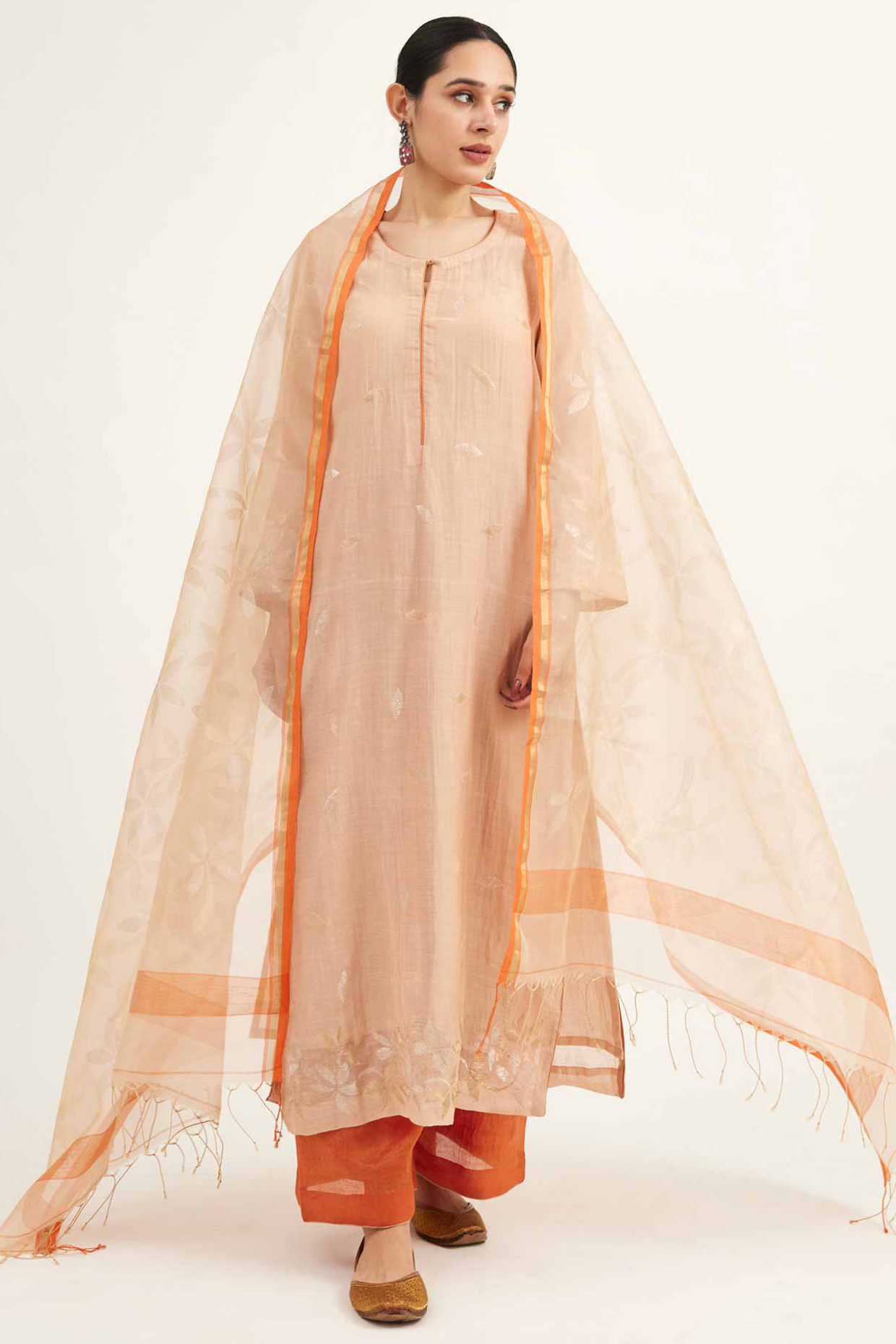 Peach Chanderi Motif Embroidered Kurta Set by Sihali Jageer at Pernia's Pop Up Shop