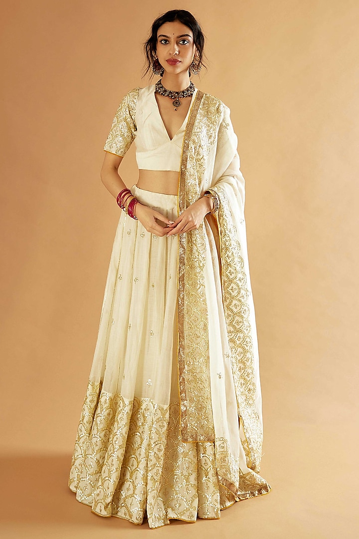 Ivory Pure Chanderi Gota Hand Embroidered Bridal Lehenga Set by Sihali Jageer at Pernia's Pop Up Shop