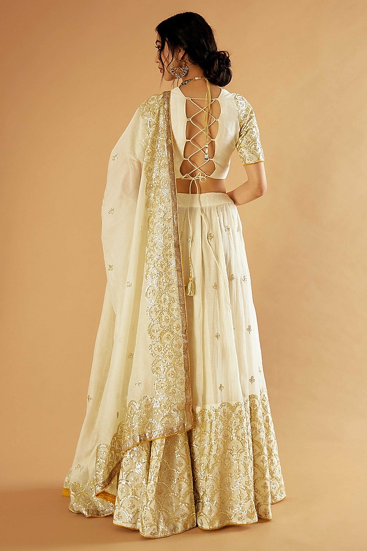 Ivory Pure Chanderi Gota Hand Embroidered Bridal Lehenga Set by Sihali Jageer at Pernia's Pop Up Shop